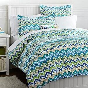 PBteen Full Queen Duvet Cover Blue‎ Green White Chevron Cotton Bedding